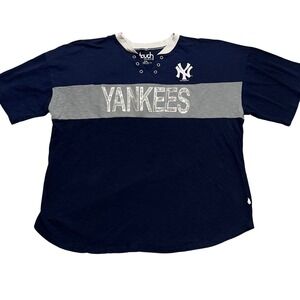 New York Yankees Touch Stadium Women XXL Blue Grey Lace Up V-Neck T-Shirt MLB